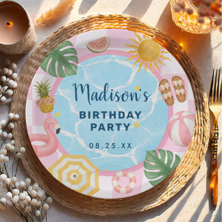 Assiettes En Carton Fille d'anniversaire de fête d'été à la piscine