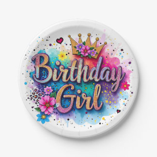 Assiettes En Carton Fille d'anniversaire florale arc-en-ciel