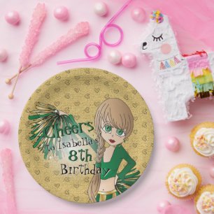 Assiettes En Carton Fille d'anniversaire pom-pom girl - Vert