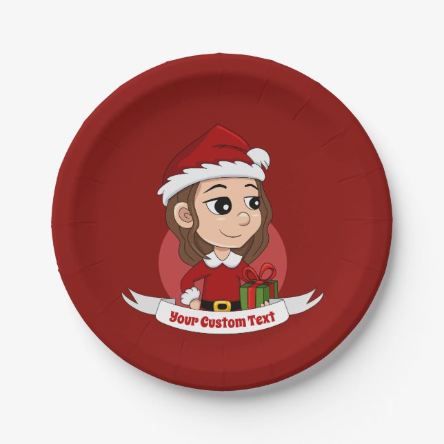 Assiettes En Carton Fille de Noël aux cheveux bruns ondulés (Devant)