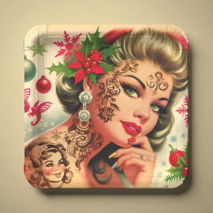 Assiettes En Carton Fille de Noël tatouée vintage