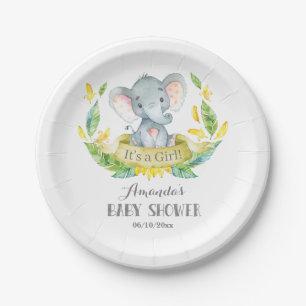 Assiettes En Carton Fille Eléphant Baby shower Jaune et Grey