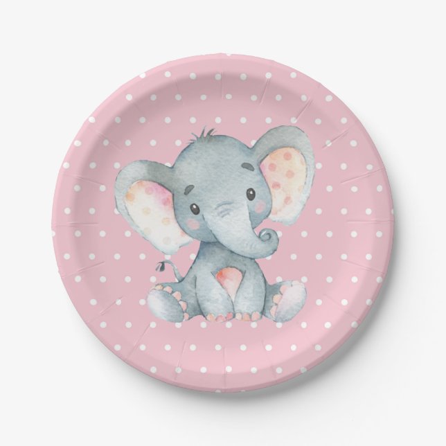 Assiettes En Carton Fille Eléphant Baby shower Plaque en papier rose (Devant)