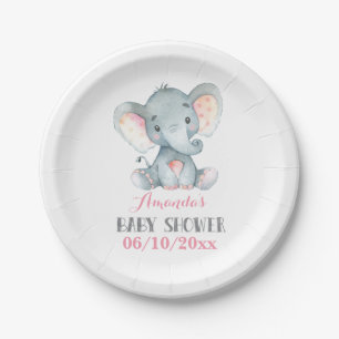 Assiettes En Carton Fille Eléphant Baby shower rose