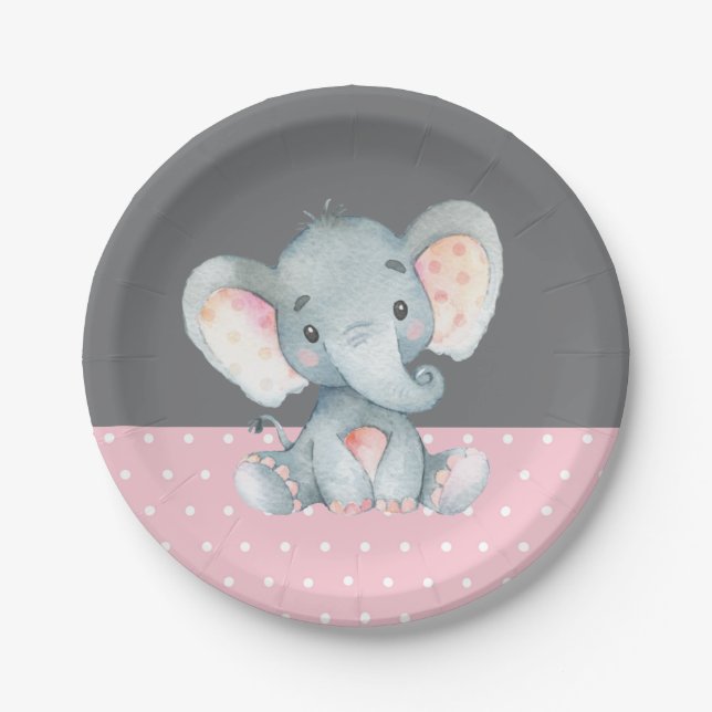 Assiettes En Carton Fille Eléphant Baby shower rose et gris (Devant)