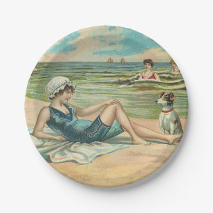 Assiettes En Carton Fille et chien victoriens vintage au bord de la me