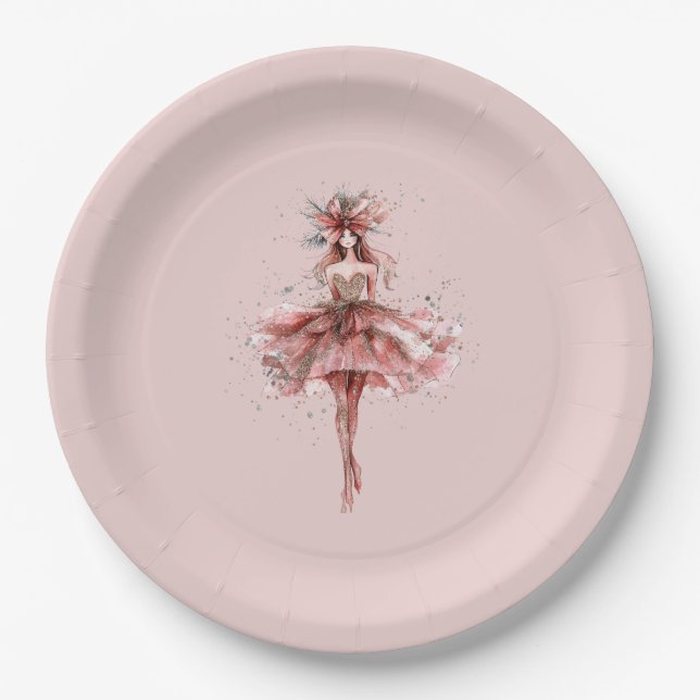 Assiettes En Carton Fille étincelante en Rose Rose robe or (Devant)