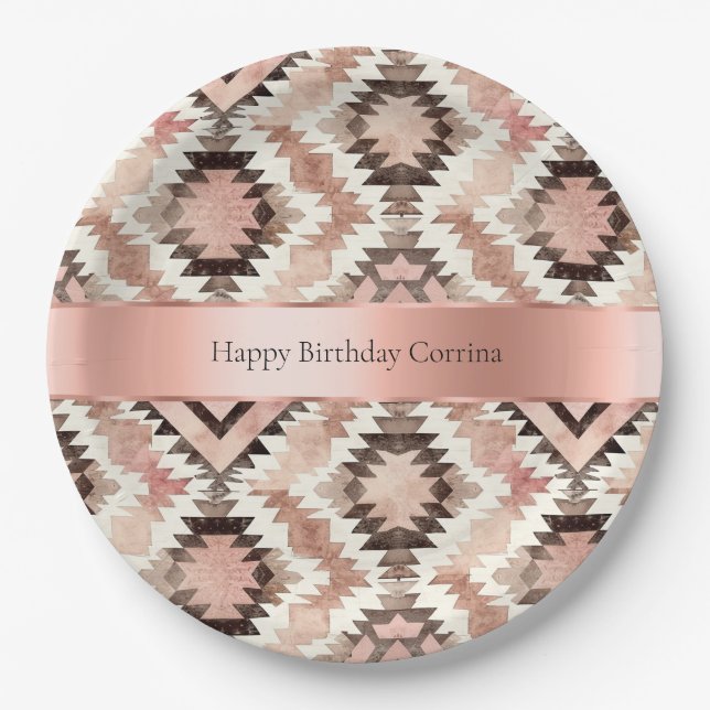 Assiettes En Carton Fille-fille rose Brown Southwestern Tribal Anniver (Devant)