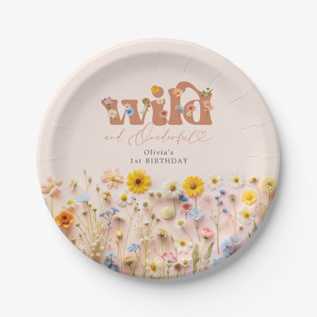 Assiettes En Carton Fille Fleur sauvage moderne 1er anniversaire (Devant)