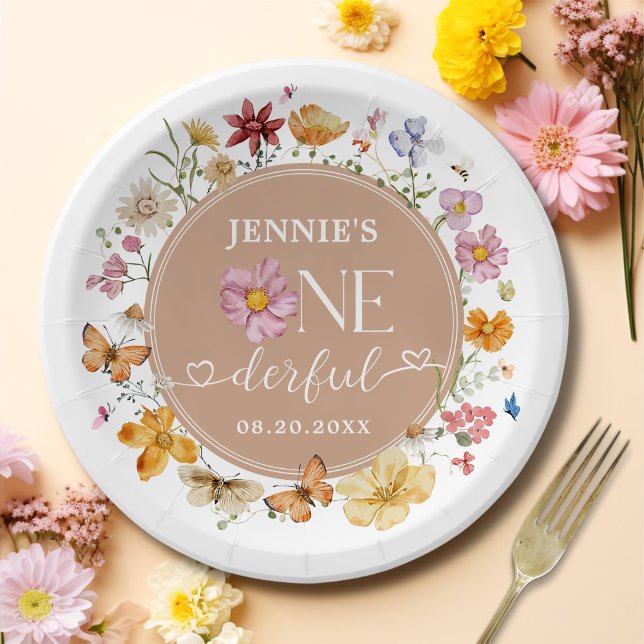 Assiettes En Carton Fille Fleur sauvage Onederful 1er anniversaire fêt (Créateur téléchargé)