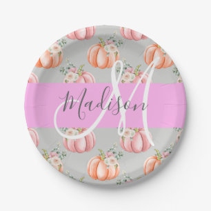 Assiettes En Carton Fille Floral Gris rose Pêche Citrouille Nom