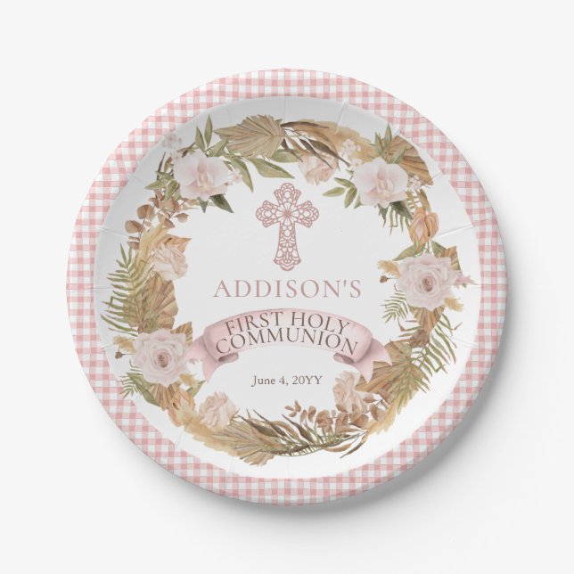 Assiettes En Carton Fille florale séchée rose Première communion saint (Devant)