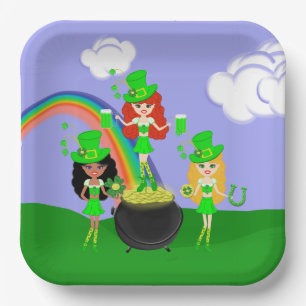 Assiettes En Carton Fille Leprechauns Arc en ciel et Pot d'or