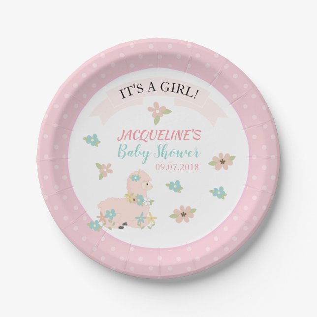 Assiettes En Carton Fille Llama Rose Baby shower Floral (Devant)