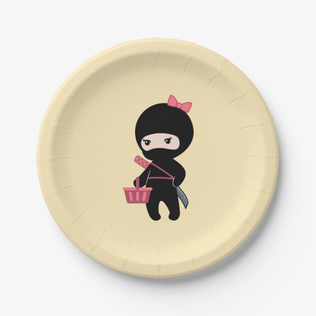 Assiettes En Carton Fille Ninja de Shopping sur Fond Jaune (Devant)