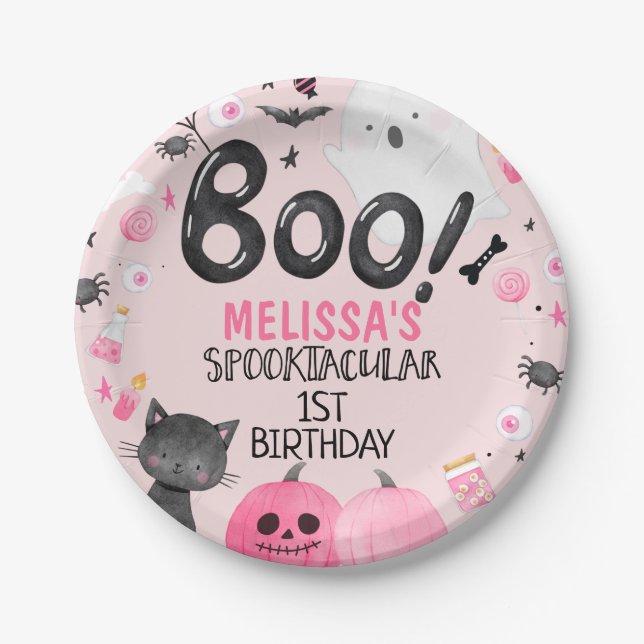 Assiettes En Carton Fille noire rose Boo Halloween anniversaire (Devant)