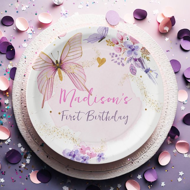 Assiettes En Carton Fille papillon rose Jardin Fille Anniversaire (Créateur téléchargé)