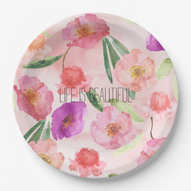 Assiettes En Carton Fille Peach rose violet aquarelle Florale (Devant)