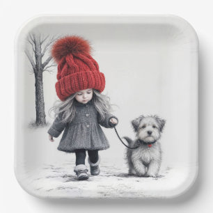 Assiettes En Carton Fille Portant un Casquette de Knit 3D avec chien