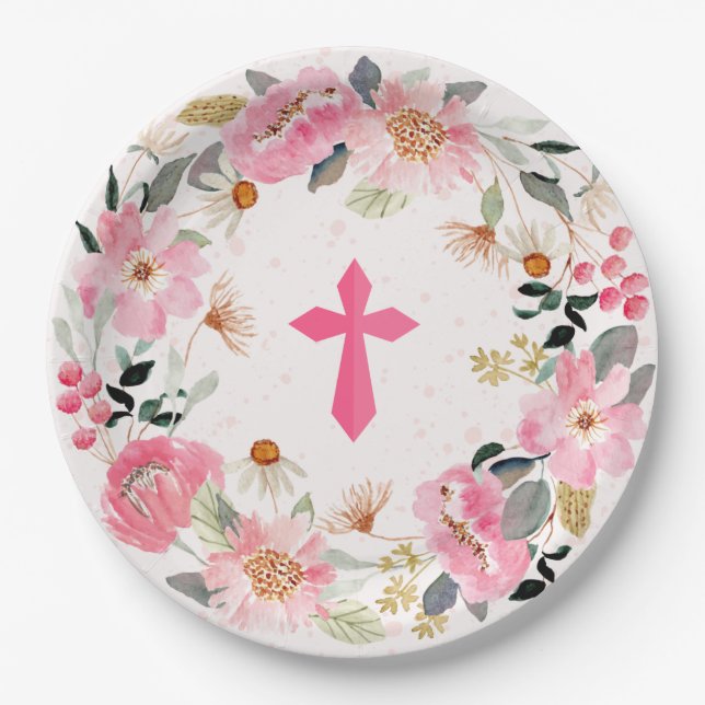Assiettes En Carton Fille première communion aquarelle rose floral (Devant)
