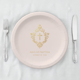 Assiettes En Carton Fille rose Baptême Faux Croix d'or dans Crest Vint