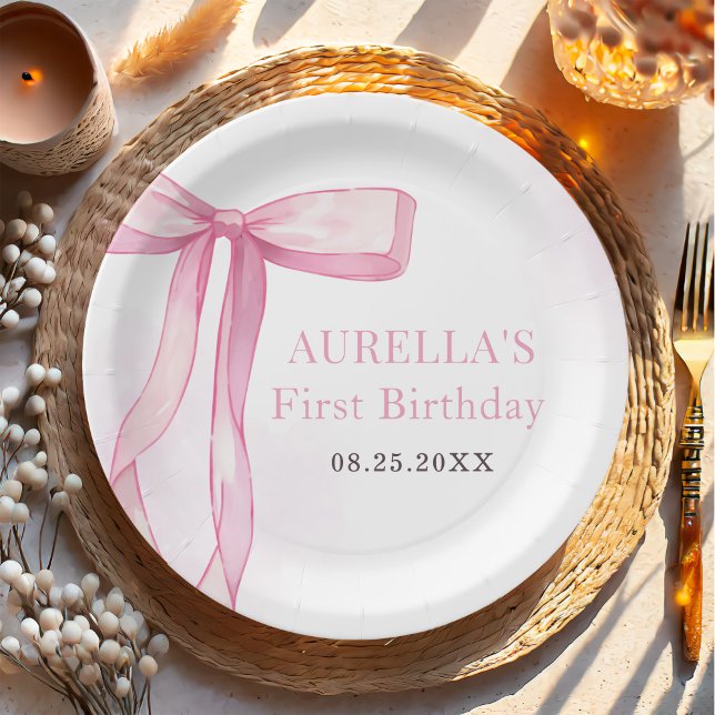 Assiettes En Carton Fille Rose Bow 1er anniversaire (Créateur téléchargé)