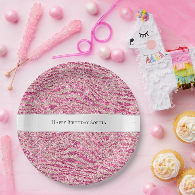 Assiettes En Carton Fille rose et Parties scintillant rousse Zebra Ann (Fête)