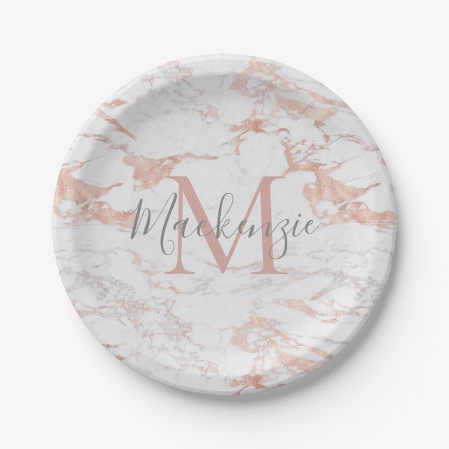 Assiettes En Carton Fille Rose Gold Foil | Monogramme de marbre (Devant)
