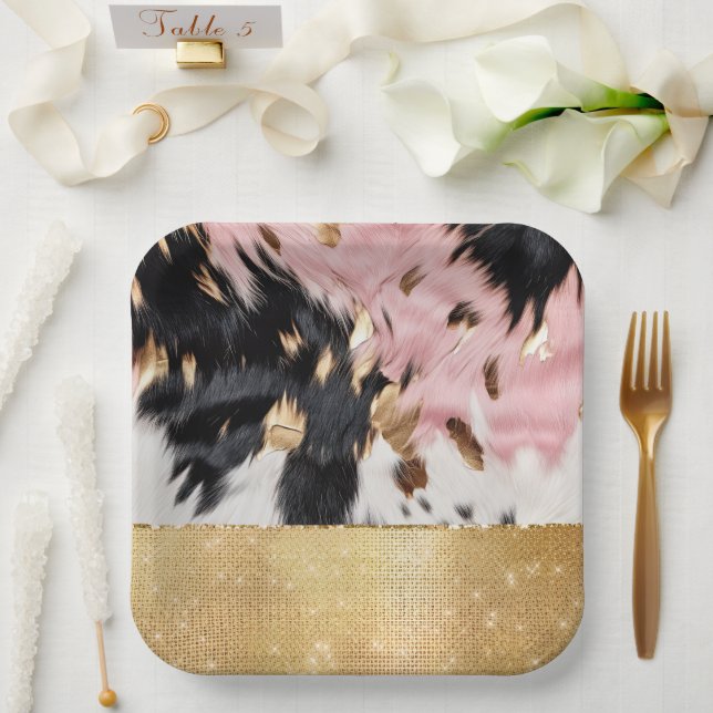 Assiettes En Carton Fille Rose Noir Étincelle Fille Cowhide (Mariage)