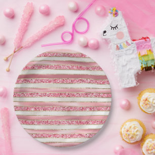 Assiettes En Carton Fille rose perle Parties scintillant rayures