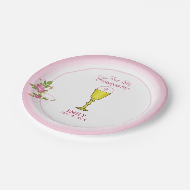 Assiettes En Carton Fille Rose Première Communion Sainte, Chalice, Hôt (Angle)