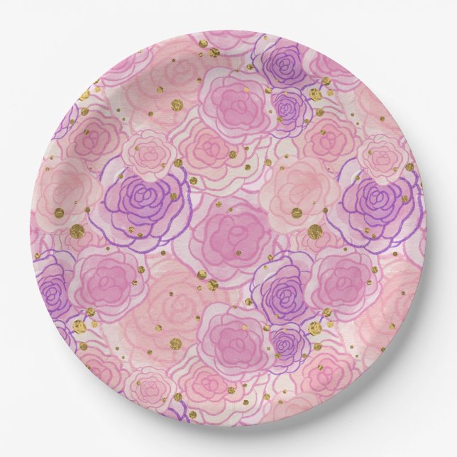 Assiettes En Carton Fille rose Shabby Chic Roses de Parties scintillan (Devant)