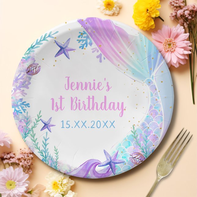 Assiettes En Carton Fille Sirène 1ère fête d'anniversaire (Créateur téléchargé)
