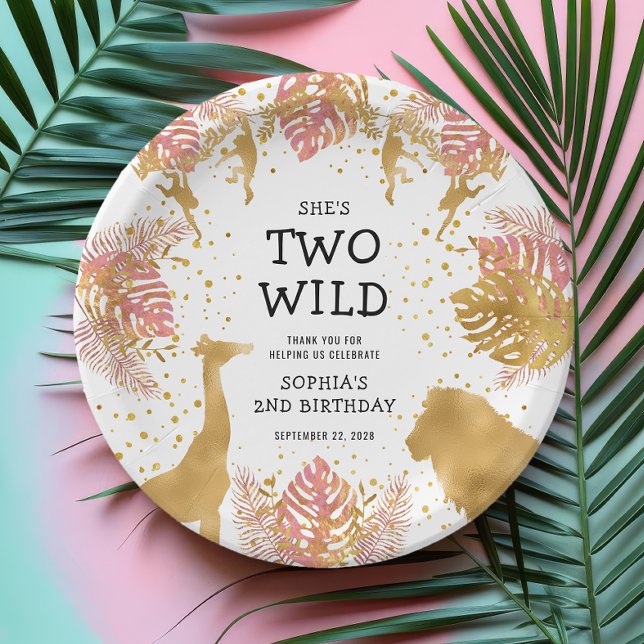 Assiettes En Carton Filles 2e anniversaire fête Pink Gold Safari (Créateur téléchargé)