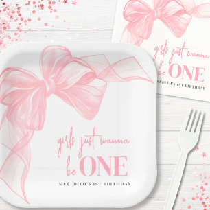 Assiettes En Carton Filles au nœud rose 1er anniversaire