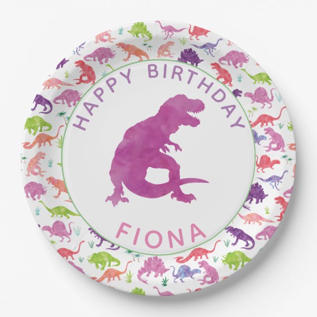 Assiettes En Carton Filles Dinosaur fête d'anniversaire Personnalisée  (Devant)