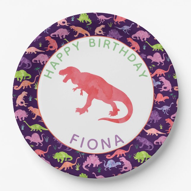 Assiettes En Carton Filles Dinosaures personnalisées Motif de fête d'a (Devant)