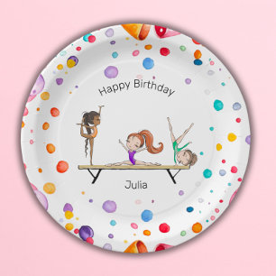 Assiettes En Carton Filles Gymnastique Arc-en-ciel Balloons fête d'ann