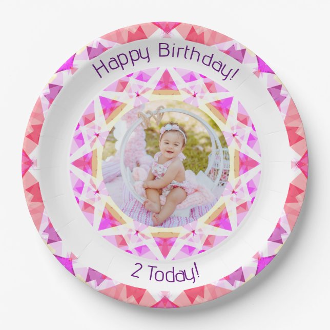 Assiettes En Carton Filles Joyeux Anniversaire Vibrant Rose Star Custo (Devant)