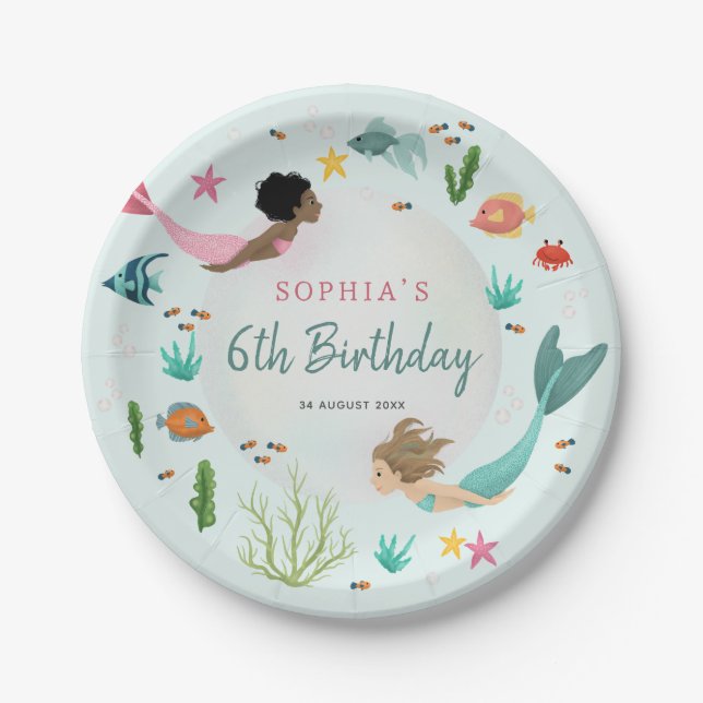 Assiettes En Carton Filles mignonnes magiques sous la mer Anniversaire (Devant)