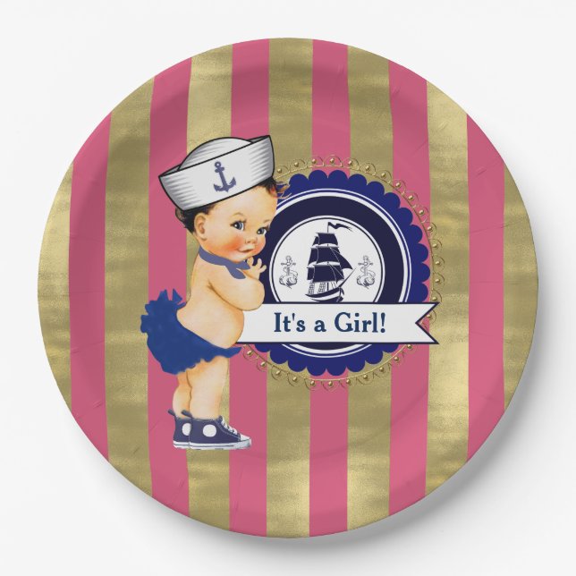 Assiettes En Carton Filles Nautique Marine Baby shower bleu rose or (Devant)