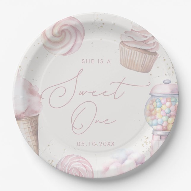 Assiettes En Carton Filles' Rose Sweet One Candy Glace Cream 1er anniv (Devant)