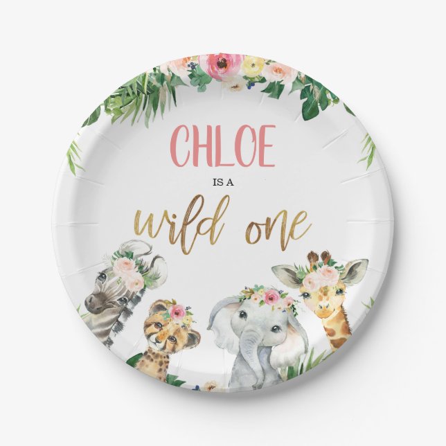 Assiettes En Carton Filles Safari Wild Un Anniversaire Plaque papier f (Devant)