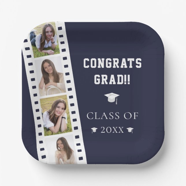 Assiettes En Carton Filmstrip Four Photo Collage Graduation | Bleu (Recto)