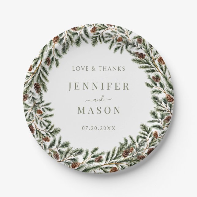 Assiettes En Carton Fir Pine Cones Wreath Noël Mariage d'hiver (Devant)