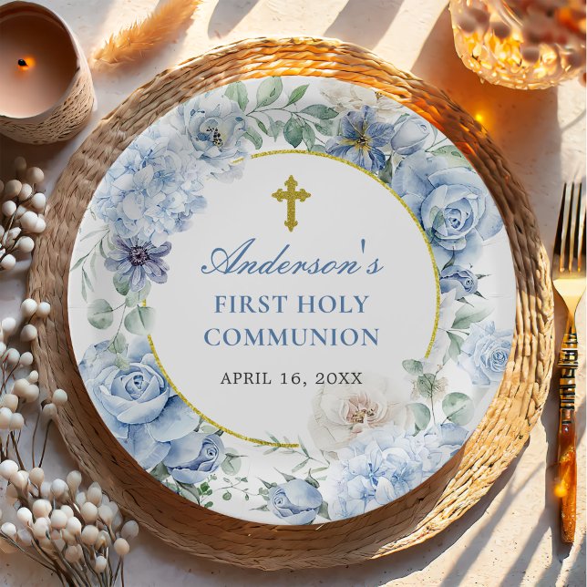 Assiettes En Carton First Holy Communion Dusty Blue Floral (Créateur téléchargé)