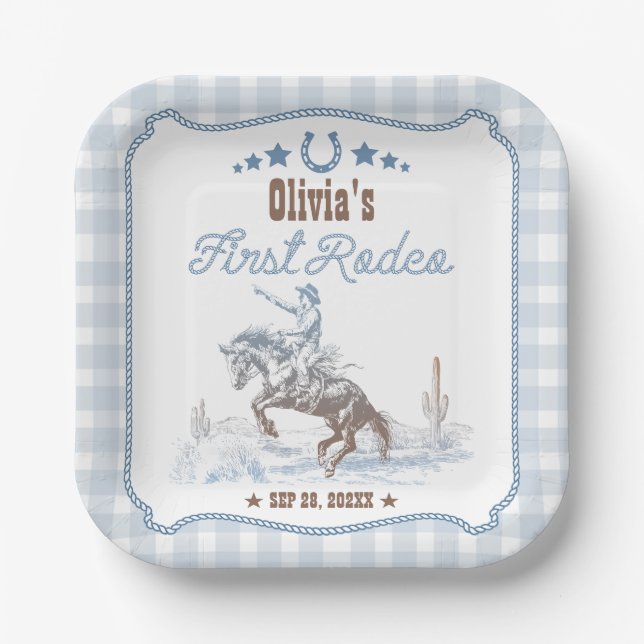 Assiettes En Carton First Rodeo 1st Birthday Blue Western (Recto)