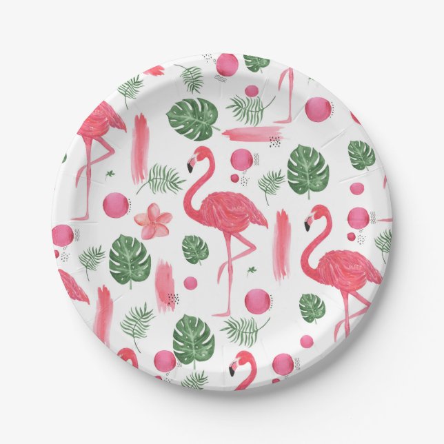 Assiettes En Carton Flamant élégant tropical d'aquarelle rose floral (Devant)