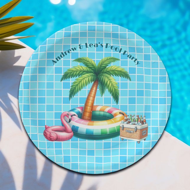 Assiettes En Carton Flamant rose de la piscine de palmiers (Créateur téléchargé)