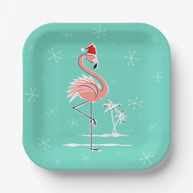 Assiettes En Carton Flamant rose de Noël carré (Recto)